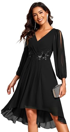 Ever-Pretty Abendkleider Damen Elegant Langarm Kurz Vorne Und Hinten aus Chiffon mit Langen Applikationen Schwarz 36