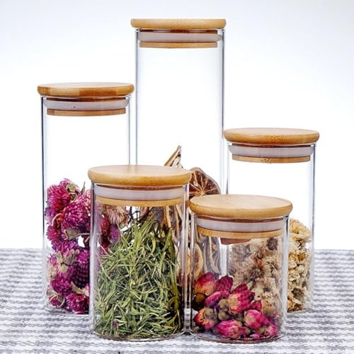 KWARE 5 Pack Glass Jars with wooden Lids Spice Jars with Lids and Labels, Airtight Small Glass Storage Jars Containers for Cereal, Tea, Coffee, Herbs, Seasoning, Sugar