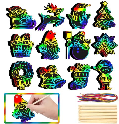 24 Stück kratzbilder für kinder, Kratzbilder Weihnachten Set, Weihnachten Kratzpapier Regenbogen, Kratzpapier Basteln Scratch Paper, mit Holzstiften und Bändern Für Weihnachtsbaum Weihnachtsdeko