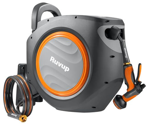 Ruvup Retractable Garden Hose Reel, Automatic Rewind Water Hose Reel for Outside, 1/2 x 110ft+6.5ft Wall Mounted Hose Reel UV Resistant Low Retraction Any Length Lock 180° Swivel 10 Pattern Nozzle