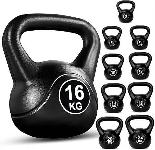 FK Sports Kettlebell - Heavy Weight Vinyl Coated Kettlebells for Exercise Home Gym Workout - 16kg, 20kg, 24kg Kettle bell Weight Set for Women & Men - Gym Equipment for Home (Black, 16KG)