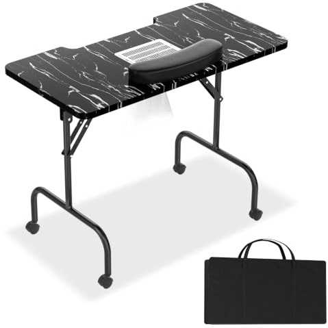 LARS360 Table de manucure pliable avec aspiration, table de manucure pour salon de manucure, mobile avec roulettes, coussin, tiroir et sac de rangement (grain noir)