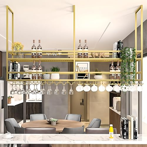 RAJYQODIS Deckenregal Weinregal, Hängend Metall Weinflaschenhalter, 2-Lagiger Wandmontage Wine Display-Ständer, Decke Dekoration Regal für Bars, Restaurants, Küchen (Gold, 160CM)