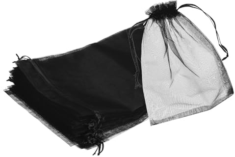QUARKZMAN 25 Stück Organzasäckchen, 20x30cm Geschenksäckchen Durchsichtige Netzbeutel mit Kordelzug, Organzabeutel für Geschenk Schmuck Hochzeit Party Weihnachten Süßigkeiten, Schwarz