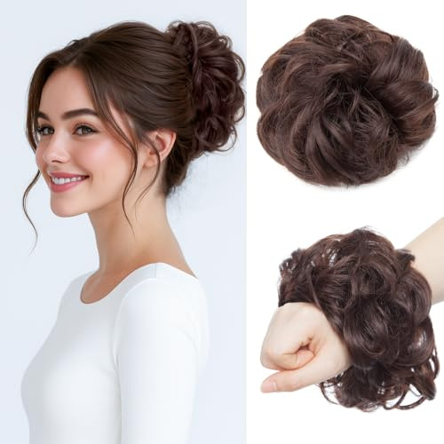 Benehair Messy Bun Hair Piece Curly Wavy Hair Scrunchies Messy Bun Scrunchie Synthetic Donut Updo Hair Pieces for Women Girls (Medium Brown, 25g)