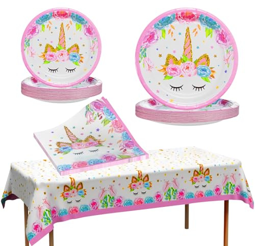 Anniversaire Licorne 49 Pcs Vaisselle de Fête Unicorn avec Assiettes Papier Serviettes Nappe - Assiette Anniversaire Fille pour Enfants Party Fête Mariages Baby Shower Noël