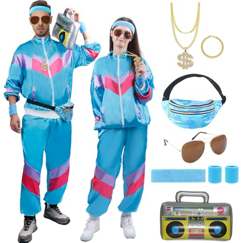 Moiuguli 80er 90er Jahre Outfit Herren Damen, Faschingskostüme Männer, Retro Karneval Trainingsanzug Hippie Jogginganzug Ganzkörper Kostüm für Erwachsene Cosplay