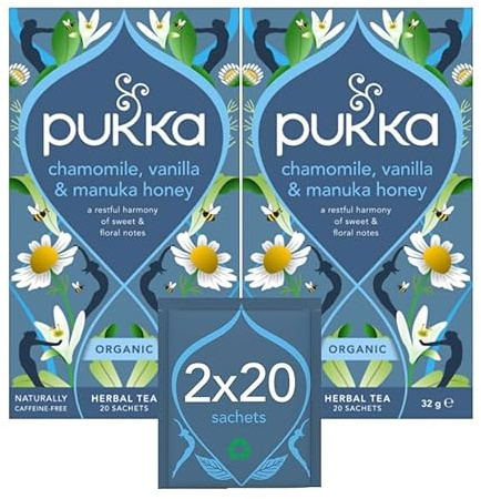 Pukka Herbs | Chamomile, Vanilla and Manuka Honey Organic Herbal Tea Box | Infusion with Licorice & Fennel | Perfect For Calming | Caffeine Free | 2 Packs | 40 Plant Based Biodegradable Tea Bags