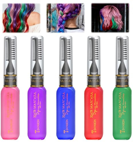 Colorazione Temporanea Capelli 5 Pezzi, Tinta Capelli Lavabile con Mini Pettine 5 Colori Vivaci mascara per capelli Tintura Capelli Temporanea per Feste Carnevale Concerti e Uso Quotidiano