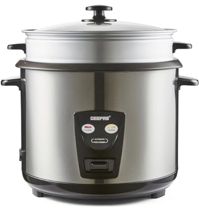 GEEPAS 2.8L Rice Cooker with Steamer Keep Warm Auto Cooking 1000W Silver | Non-Stick Inner Pot Includes Measuring Cup, Spatula & Tempered Lid