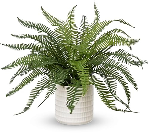 Hollyone 33CM Artificial Fern Potted Plant, Fake Fern Bushes in White Ceramic Pot, Fake Greenery Plants for Home Decor, Garden, Patio, Balcony, Table, Office, Living Room Decorations