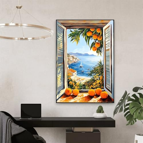 LZJAGXX Póster con impresión en lienzo de ventana abierta, paisaje colorido, mar, naranjo, vista costera, pintura en lienzo, decoración para el hogar y la sala de estar (50 x 70 cm/sin marco)