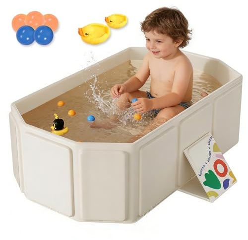 LYPPUL Vasca da Bagno Pieghevole, Vasca da Bagno per Bambini con 5 Palline 2 Anatre, vasca per Bebé pieghevole con valvola di Scarico, Vaschetta Portatile per Bambin, Adatta da 0 a 8 Anni