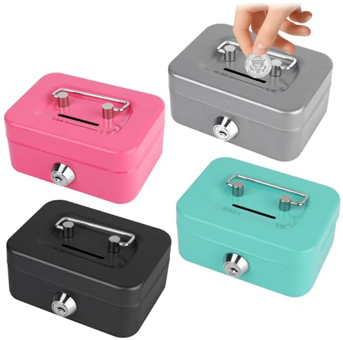 Lot de 4 petites caissettes à monnaie, petit coffre-fort, 11,5 x 8,5 x 5 cm, verrouillables avec clé, casier en métal avec verrouillage des touches, coffre-fort, coffre-fort, caisse à monnaie