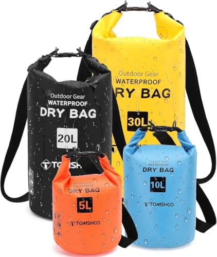 TOMSHOO Dry Bag Set, 5L/10L/20L/30L, Schwimmfähige wasserdichte Beutel | 500D PVC, wasserdicht & reißfest, Wasserdichte Tasche mit verstellbarem Schultergurt für Kajak, Angeln, Schwimmen und Camping