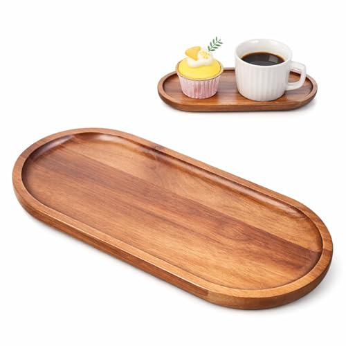 Bruislard Holztablett Ovale Holz Serviertablett 23 x 10.5cm Kleines Tablett Akazienholz Mini Tablettspender Küchentablett Organizertablett für Kosmetik