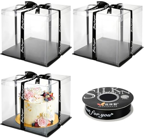 ZEFAN 3 stycken tårtlådor, 31 x 31 x 27 cm tårtlådor med botten och band, 25 cm presentask genomskinlig, tårttransportlåda, genomskinlig presentförpackning för fruktkakor, desserter, presenter