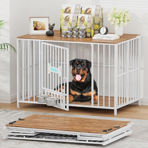 AMLANCHER Hundekäfig Möbel, 105cm Faltbar Holz Hundebox für Zuhause, Ohne Aufbau XXL Hundekäfig für Große Hunde (27-36kg), mit Verstellbaren Hundenäpfe & Namensschild, 110x72x76cm, Weiß & Buche