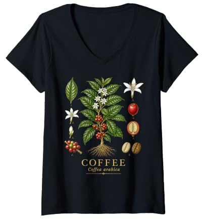 Women's Coffee Coffea Arabica Vintage Botanical Anatomy Study Plate V-Neck T-Shirt