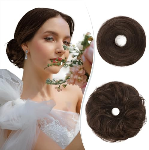 RUWISS Haarteil Lang Dünn Glattes Tousled Updo Bun Rea Echthaar Elegante Haarteile Haargummi Lang Scrunchie Verlängerungfür Damen,25g,Schokoladenblond
