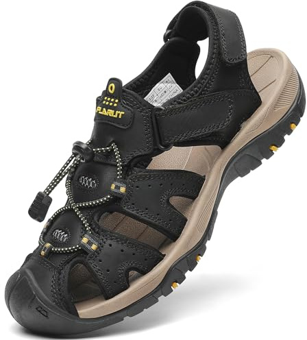 FLARUT Sandali Estivi Uomo Esterni PelleTraspirante Sandali Sportivi Scarpe da Trekking Passeggiata Fisherman Casual Sneakers Antiscivolo(Nero,44)