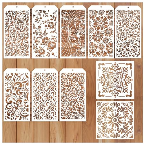 SSKHE 10 stencil decorativi a forma di fiori, riutilizzabili, in plastica, stencil per pittura floreale in pizzo per fai da te su legno, pittura, tela, pareti, album di ritagli