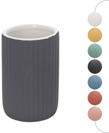 Portaspazzolini bagno da appoggio grigio cannettato in ceramica soft touch, bicchiere multiuso o porta penne, SPRING