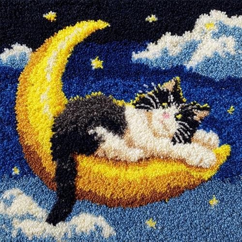 AxiangziK Tier DIY Knüpfkissen Zum Selber Knüpfen Knüpfhaken-Set,Katze schläft auf dem Mond,Knüpfhaken,Kissen-Stickset,Bastel- Und Heimdekoration,Latch Hook Kit,17x17in