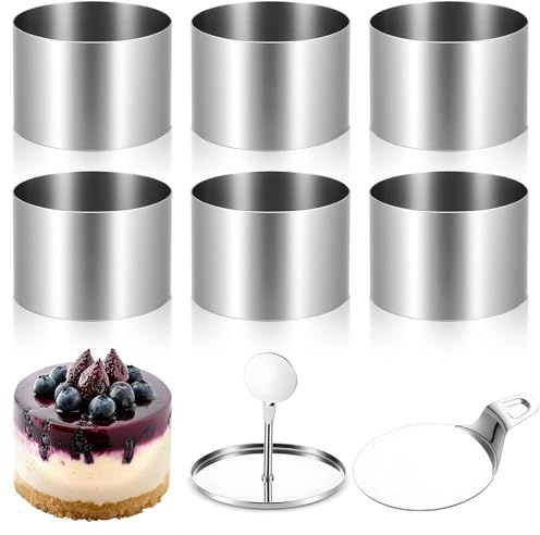 Kifmurase 6PCS Seamless Cake Ring Molds, 4 Inch Stainless Steel Round Cake Cutter with 1 Pusher and 1 Lifter, Dessert Mousse Molds Baking Essentials for Pastry Cookies Food Plating Cheesecake