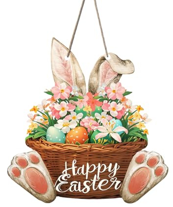 VARACL Décorations de Pâques en bois, couronnes d'œufs de lapin pour porte d'entrée, porche, fenêtre, décoration murale, couronne de fleurs de lapin, panneaux muraux pour la maison, le bureau, la