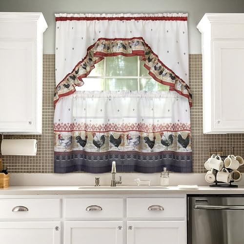 ACHIM Printed Tier and Swag Window Curtain Set - 57 Inch Width, 36 Inch Length - Rooster - Machine Washable Light Filtering Polyester Drapes for Kitchen, Bedroom, Living, & Dining Room Home Decor