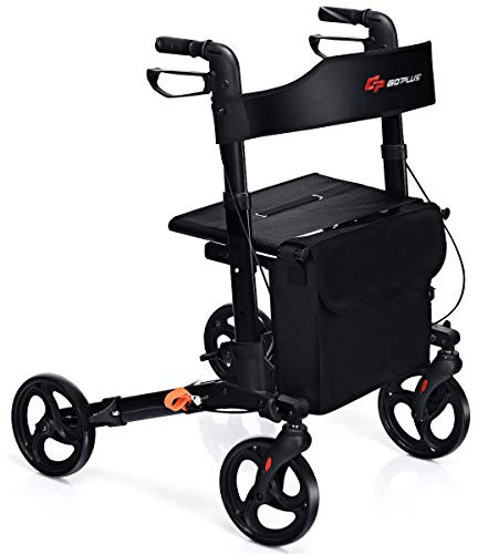 GYMAX Folding Rollator Walker with Seat, Dual Brakes, Detachable Storage Bag, Cane Holder, Adjustable Height 4 Wheel Walkers, Lightweight Aluminium Walking Mobility Aid for Elderly