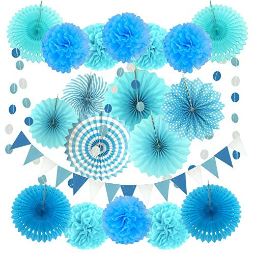 ZERODECO Decoración de la Fiesta, 21 Piezas Abanicos de Papel Bola de Nido Pom Poms Ventilador Cumpleaños Boda Carnaval Bebé Ducha Home Party Supplies Decoración (Azul)