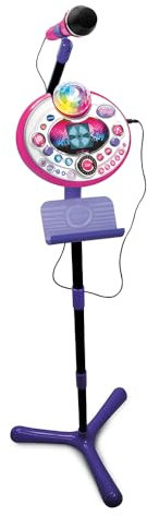 VTech - Kidi Superstar LightShow Rose, Micro sur Pied 8 en 1, Microphone Karaoké Enfant avec Boule Disco, Apprentissage du Chant et Jeux, Cadeau Enfant Dès 5 Ans - Contenu en Français