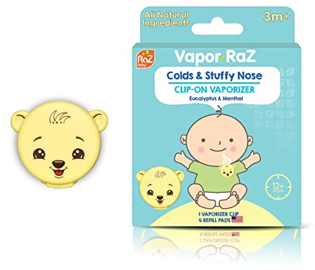 RaZbaby Vapor-Raz Clip-On Vaporizer – Reusable for Cough, Cold & Congestion Relief with Soothing Menthol & Eucalyptus Aromatherapy – Use at Home & On-the-Go – Includes 4 Vapor Pad Refills