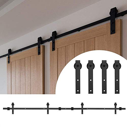 Ejoyous Schiebetür Komplettset, Schiebetürbeschlag Schiebetürsystem Doppeltür Kohlenstoffstahl Laufschiene mit hängender Schienenriemenscheibe für Schiebeschrank Schrank 16FT 488cm