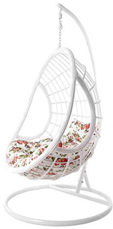 KIDEO® Komplettset: Hängesessel mit Kissen, Korbsessel, Swing Chair Loungemöbel (Gestell- und Korbfarbe: weiß, Kissen: Chesterstepp geblümt (3761 Roses))