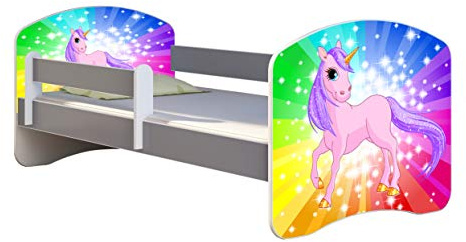 ACMA Kinderbett Jugendbett mit Matratze Grau mit Rausfallschutz Lattenrost II Spielbett Kinderzimmer Möbel (18 Pony Regenbogen, 160x80)