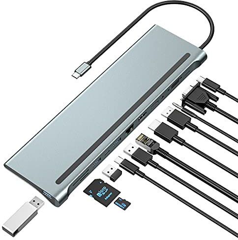USB-C-Dockingstation, USB-C-Hub, 3 Monitore, USB-Typ-C auf DP HDMI VGA Adapter, 12-in-1-USB-C-Hub, Laptop-Dockingstation, Multiport USB 3.0 SD/TF Audio für Dell, Surface, HP, Lenovo-Laptops