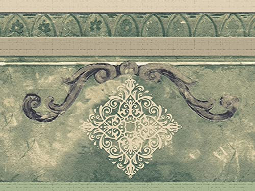 Dundee Deco DDAZBD9263 - Bordo adesivo per carta da parati, motivo astratto damascato verde, design retrò, 4,57 m x 17,78 cm, autoadesivo