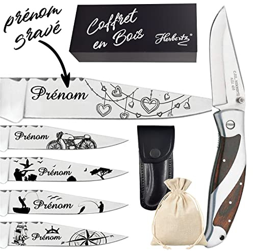 Gravure Events - Couteau + Coffret en bois. Couteau personnalisé avec prénom et dessin gravé - Marque Herbertz - Cadeau pour homme ou femme : Saint valentin, Noël, Anniversaire, Fête des Pères...
