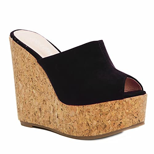 Toocool - Chaussures Femme Compensées compensées radeaux Suède Liège Talons Hauts Plateau CA128, Noir , 41 EU