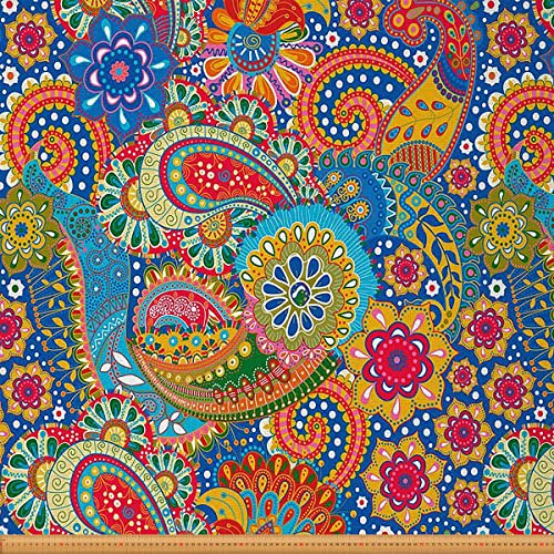 Boho Stoff Meterware Paisley Blumen Polsterstoff Farbenfroher Retro Dekostoff Mandala Stoff für Den Außenbereich Exotische Blume DIY Kunst Wasserdichter Stoff Polster und Wohnakzente 92 x 150 (HxB)