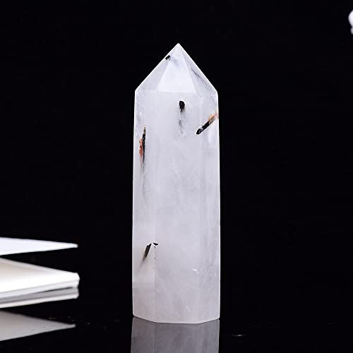 ARKERO Natürlicher seltener schwarzer Rutilquarz-Kristallsäulen-Zauberstabpunkt für Steine 10x3cm, Rutilquarz
