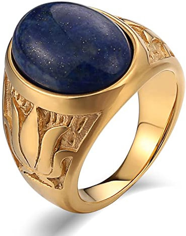 Whoiy Ring Gold, Siegelring Edelstahl 18mm Punk Ringe Männer Lotus-Oval Opal Ringgröße 62 (19.7) Gravierbar