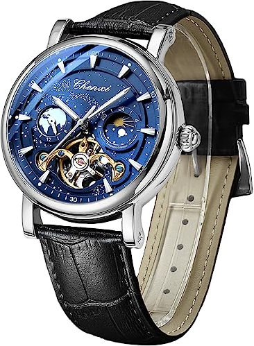 FORSINING Herrenuhr Leuchtender Sternenhimmel mit Mondphase Tourbillon, Mechanische Automatik Selbstaufzug Mode Uhren, Edelstahlgehäuse Ledergürtel Armbanduhr, silber, blau