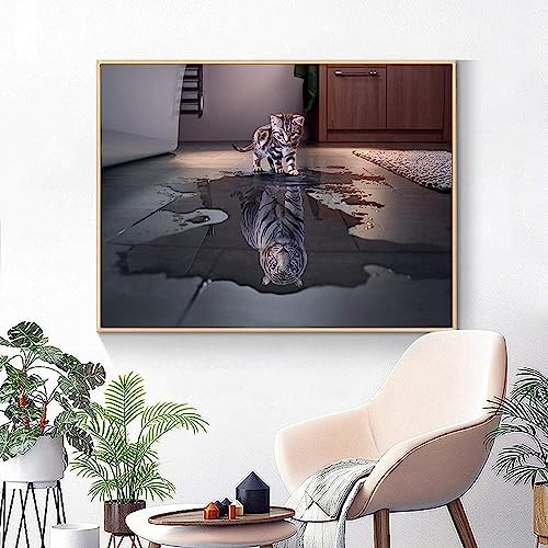 HTWLMM Tier Leinwand Bilder Spiegelbild Einer Katze ist wie EIN Tiger Malerei Poster Kunstdruck für Wohnzimmer Kinderzimmer Wohnkultur Wandbilder Deko (Rahmenlos) (60X80CM)