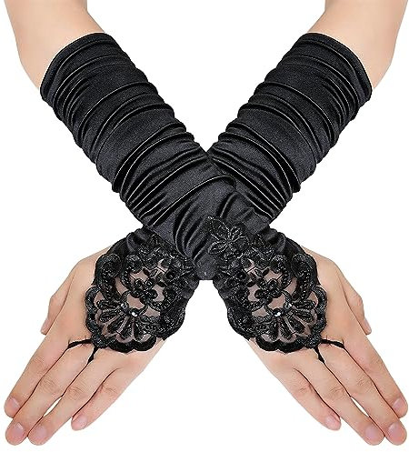Lange Satin Classic Abendhandschuhe - Spitzen Braut Handschuhe für Tanz, Verkleidung, Frauen Hochzeit, Abschlussball, Halloween (Schwarze)