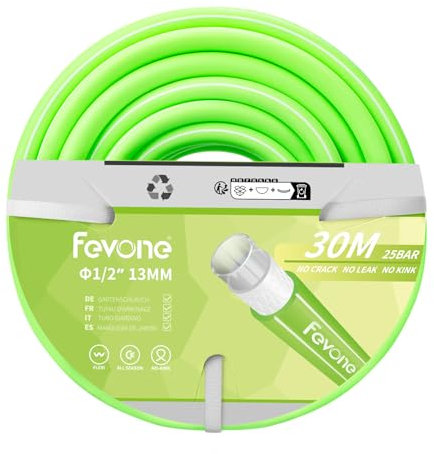 Fevone Tubo da giardino da 30 mt verde, tubo dell'acqua a 4 strati, Φ13 mm（1/2 Pollice）, 25 bar, adattatore per rubinetto da giardino, Ant Kink indeformabile, robusto, flessibile