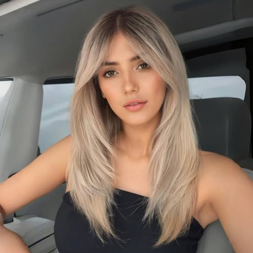 WOKESTAR Lange Gerade Perücken für Frauen mit Vorhang Fransen, Geschichtet Synthetisch Platinblond mit Dunklen Wurzeln Farbe Haar